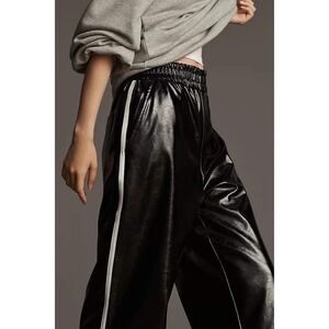 Maeve Anthropologie Black Faux Leather Wide Leg Track Pants Side Stripe XL